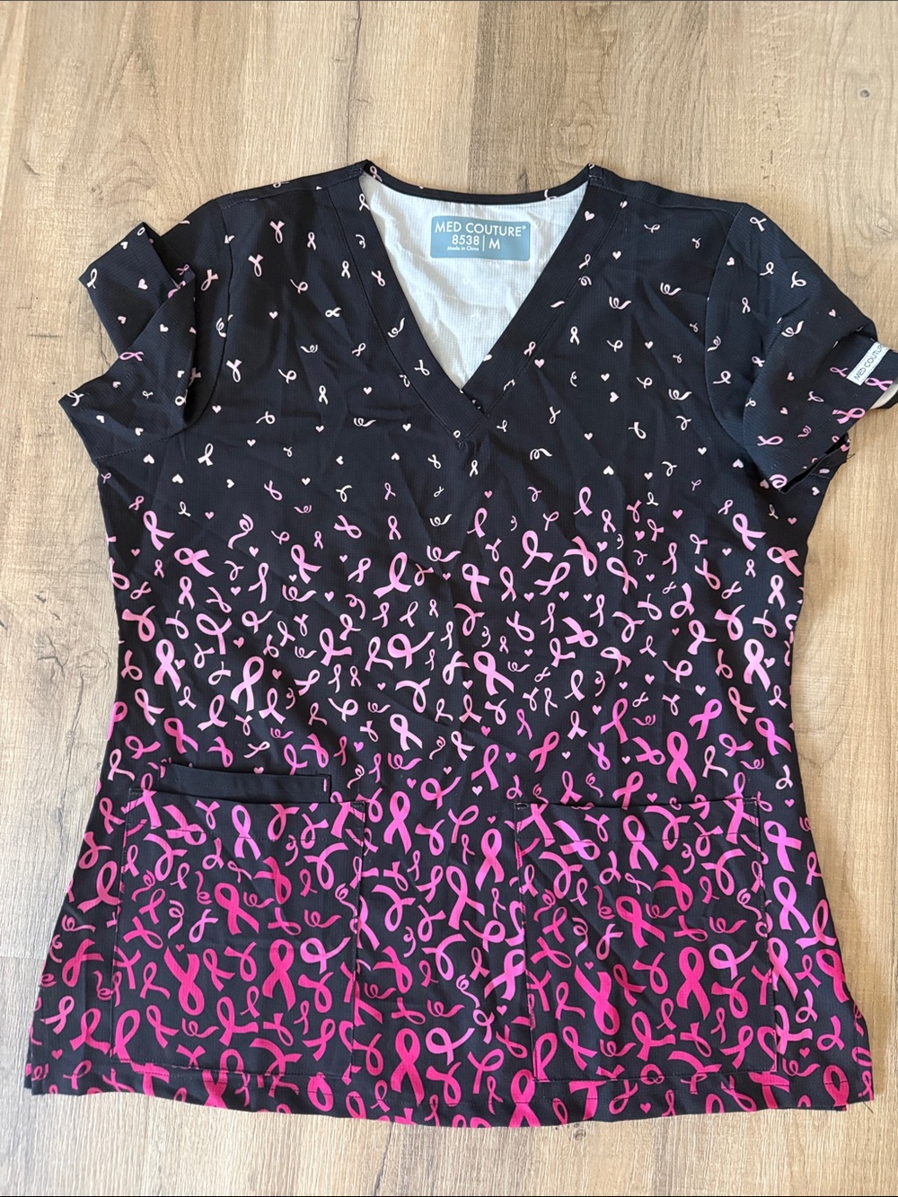 Med Couture Black Top with Pink Awareness Ribbon Print